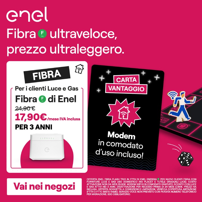 Fibra ultraveloce, prezzo Ultraleggeto. Se passi a Enel per luce e gas 17,90 € al mese modem incluso