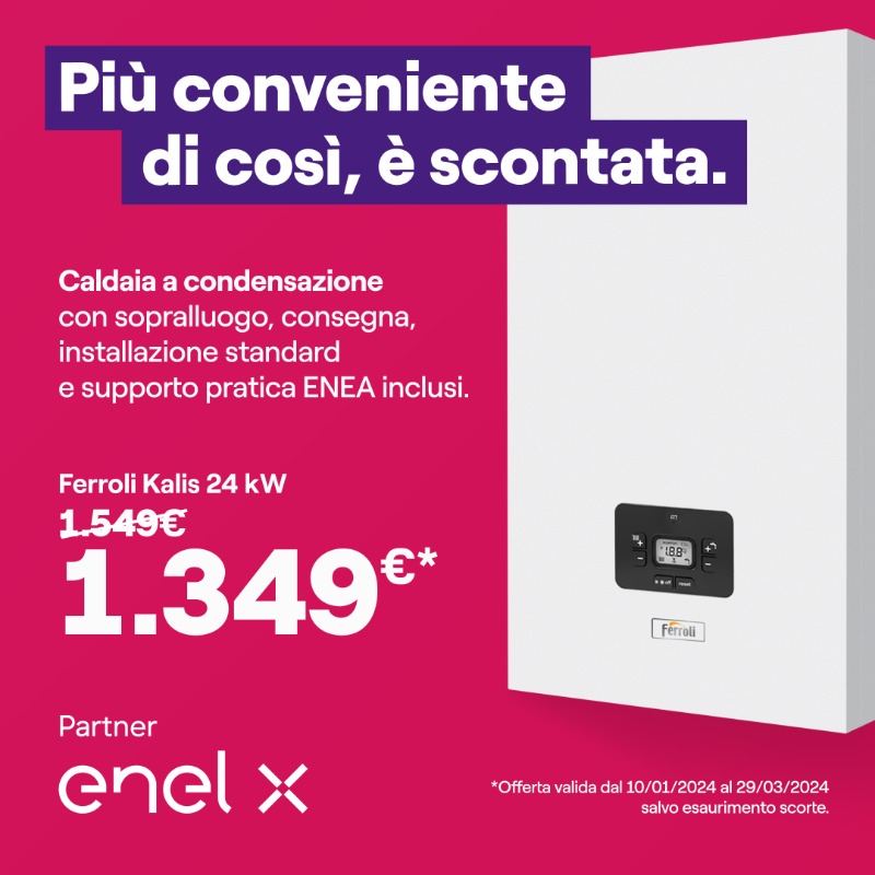 Acquista ora la tua caldaia a soli 1.349€ invece che 1.549€. Inclusi nel prezzo: sopralluogo, consegna, installazione standard e supporto pratica ENEA per semplificare ogni passaggio. In più puoi recuperare fino al 65% della spesa con le detrazioni fiscali. 