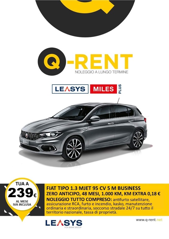 FIAT TIPO 1.3 MJET 95 CV 5M BUSINESS Noleggio Full Service ANTICIPO ZERO, 48 MESI, 1000 KM inclusi, KM EXTRA 0,18 Euro, CANONE 239 Euro IVA INCLUSA