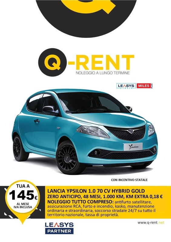 LANCIA Y 1.0 70 CV HYBRID GOLD  Noleggio Full Service ANTICIPO ZERO, 48 MESI, 1000 KM inclusi, KM EXTRA 0.18 Euro, CANONE 179 Euro IVA INCLUSA.