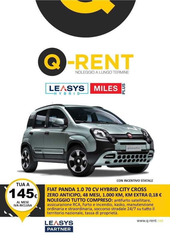 FIAT PANDA 1.0 70 CV HYBRID CITY CROSS INCENTIVO STATALE Noleggio Full Service ANTICIPO ZERO, 48 MESI, 1000 KM INCLUSI, 0.18 Euro KM EXTRA, CANONE 145 Euro IVA INCLUSA