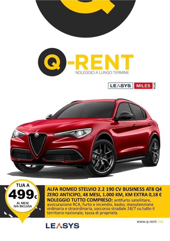 ALFA ROMEO STELVIO 2.2 190 CV BUSINESS AT8 Q4 Noleggio Full Service ANTICIPO ZERO, 48 MESI, 1000 KM inclusi, KM EXTRA 0.18 Euro, CANONE 499 Euro IVA INCLUSA