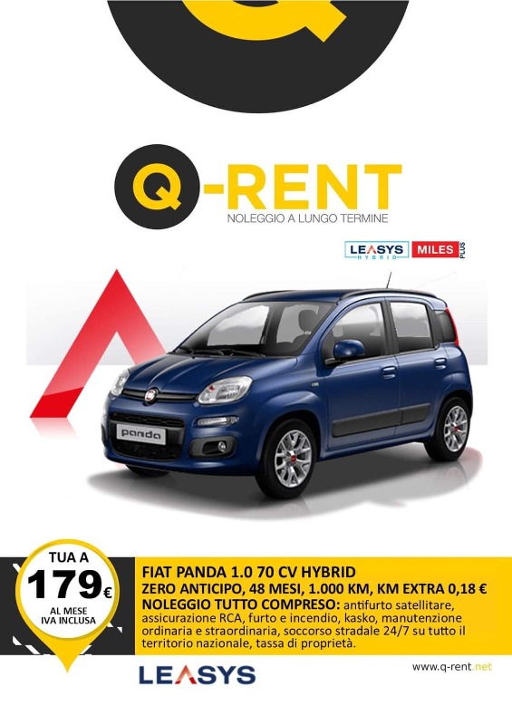 FIAT PANDA 1.0 70 CV HYBRID Noleggio Full Service ANTICIPO ZERO, 48 MESI, 1000 KM inclusi, KM EXTRA 0.18 Euro, CANONE 179 Euro IVA INCLUSA