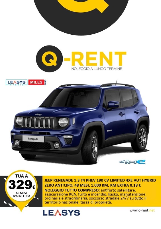 JEEP RENEGADE 1.3 T4 PHEV 190 CV LIMITED 4XE AUT HYBRID  Noleggio Full Service ANTICIPO ZERO, 48 MESI, 1000KM inclusi, KM EXTRA 0.18 Euro, CANONE 329 Euro IVA INCLUSA