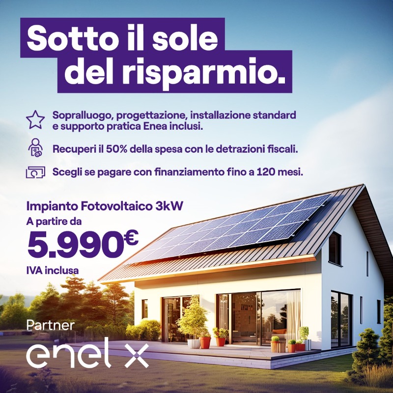 Chi autoproduce energia risparmia tutto l’anno.  Acquista un impianto fotovoltaico Enel X e hai incluso nel prezzo: sopralluogo, progettazione, installazione standard supporto pratica ENEA E in più, puoi recuperare il 50% della spesa con le detrazioni fiscali.