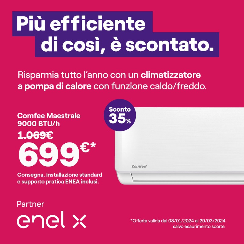 Climatizzatore con funzione caldo/freddo a soli 699€ e, se lo usi anche per riscaldare la tua casa al posto di una caldaia, ti può far risparmiare in media il 40% sui costi totali di riscaldamento e raffrescamento. In più puoi recuperare fino al 65% della spesa con le detrazioni fiscali.  Consegna, installazione standard e supporto pratica ENEA sono inclusi nel prezzo. 