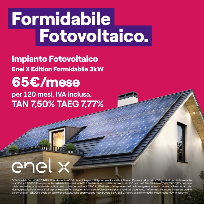 Approfitta di un'offerta Formidabile! Impianto fotovoltaico con moduli premium a un prezzo imperdibile, con garanzia di 25 anni sul prodotto e sulle prestazioni. Sopralluogo, progettazione, installazione standard e supporto pratica ENEA sono inclusi nel prezzo. In più, puoi recuperare il 50% della spesa con la detrazione fiscale.