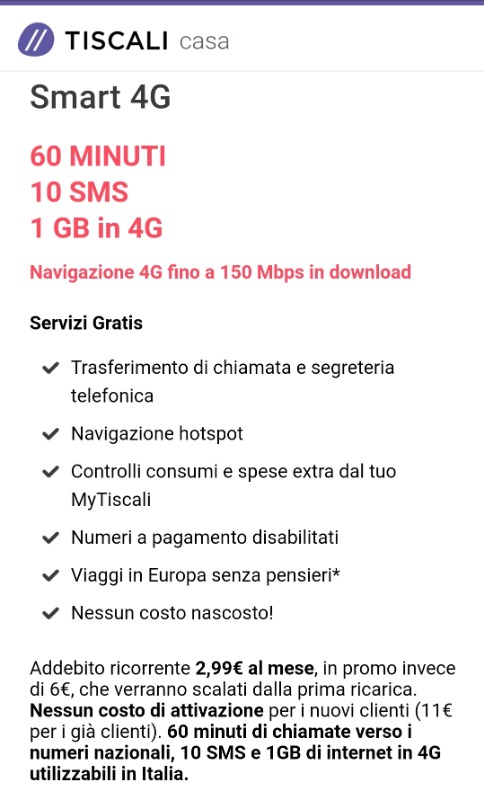 Offerta Tiscali mobile Smart 4G