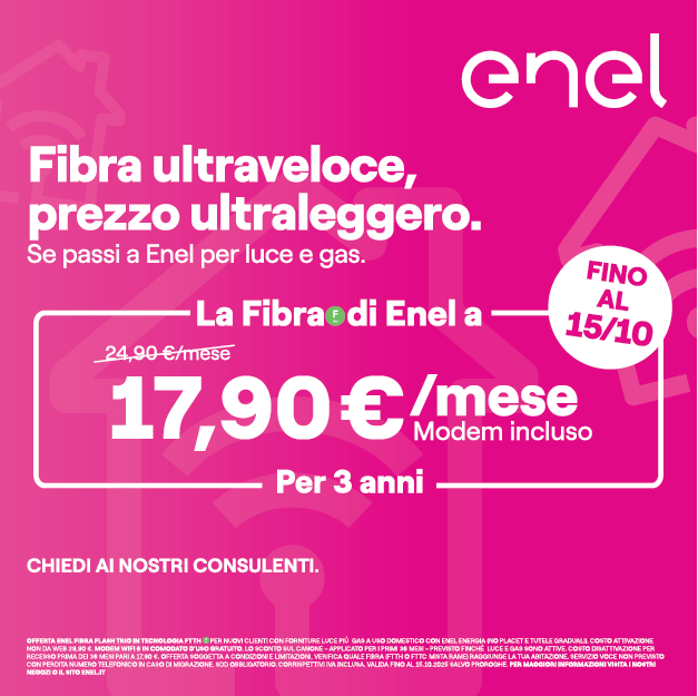 Fibra ultraveloce, prezzo Ultraleggeto. Se passi a Enel per luce e gas 17,90 € al mese modem incluso